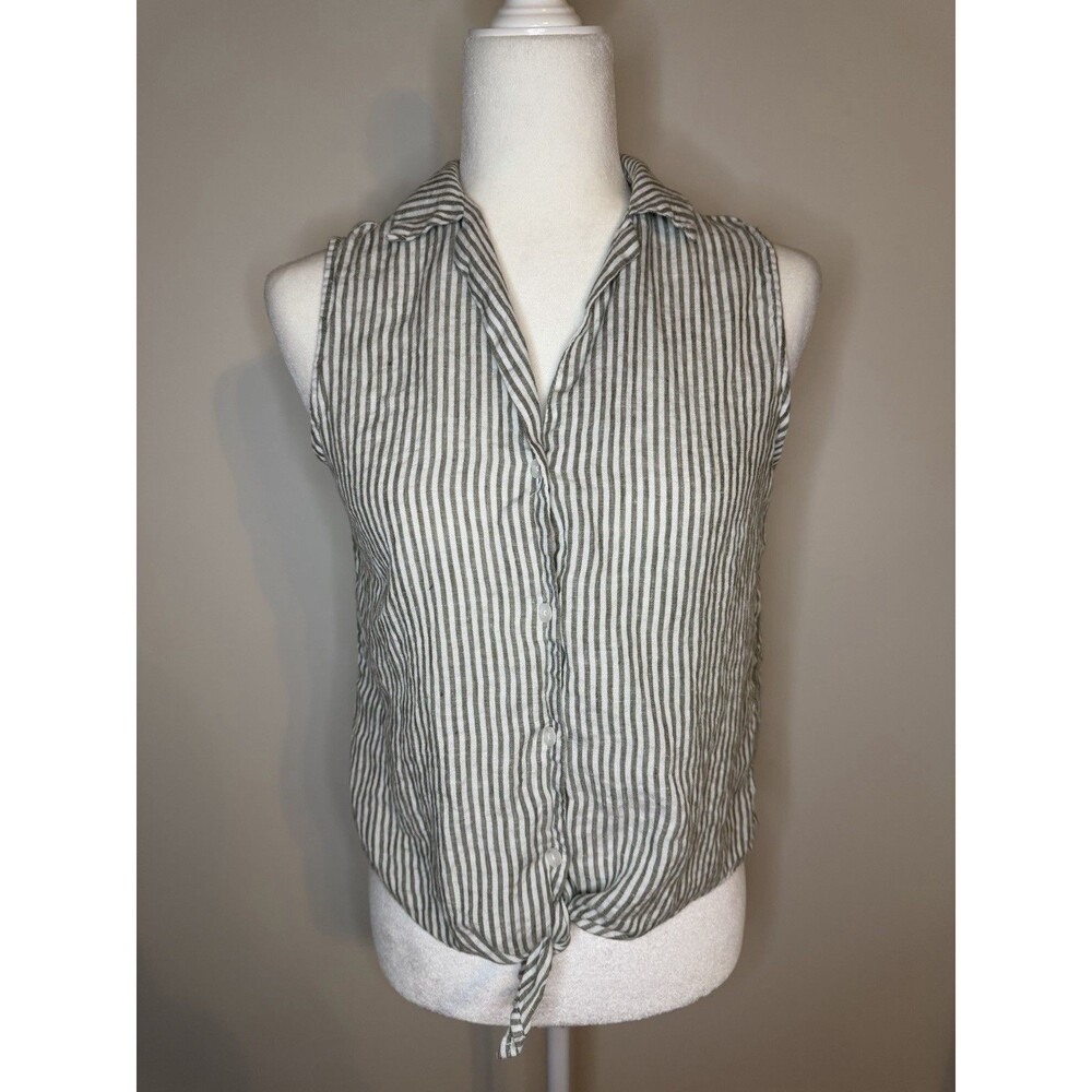 Tommy Bahama Linen Sleeveless Top Tie Waist Striped XS Button Down